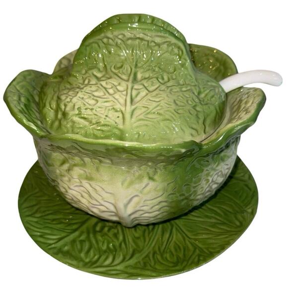 Portugal Cabbage Ware Signed John Buck Leaf Lidded Soup Tureen & Under Plate - Picture 1 of 15